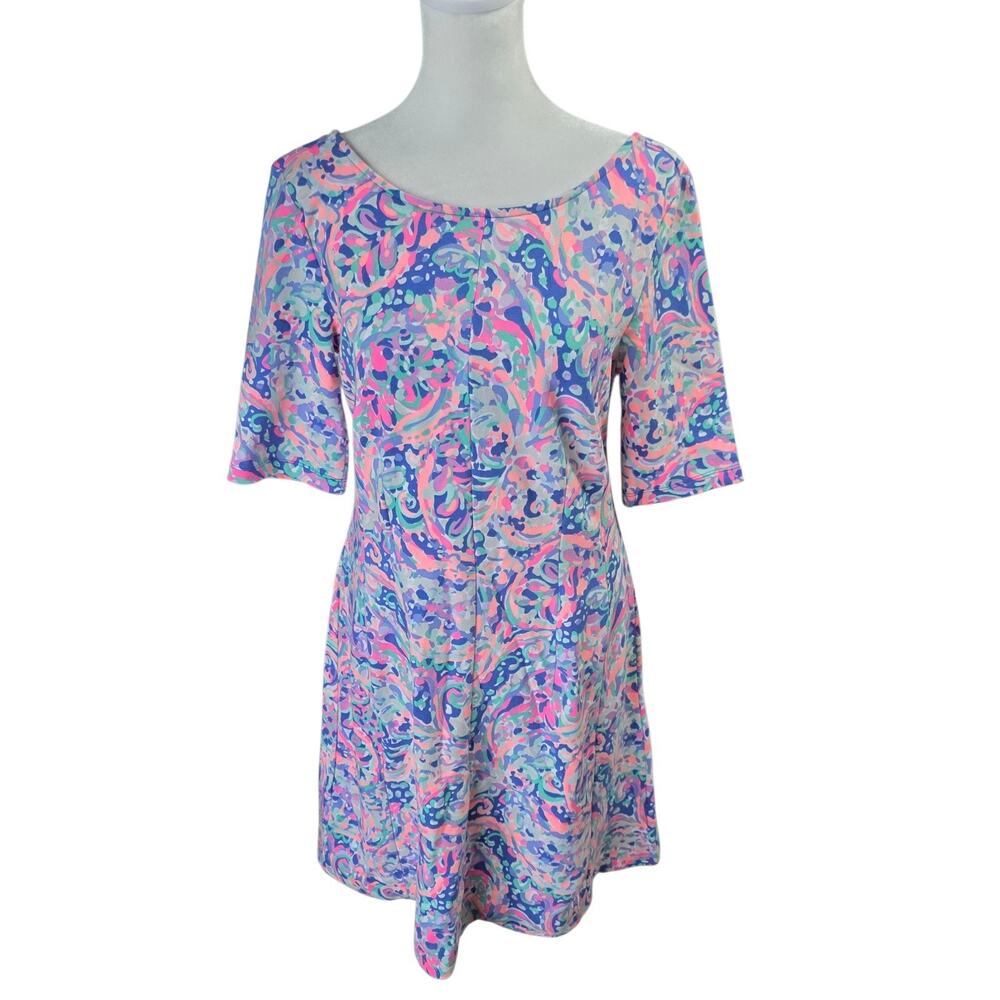 Lilly Pulitzer Womens Medium Dress Pink Blue Abstract Print Zip Back Stretch
